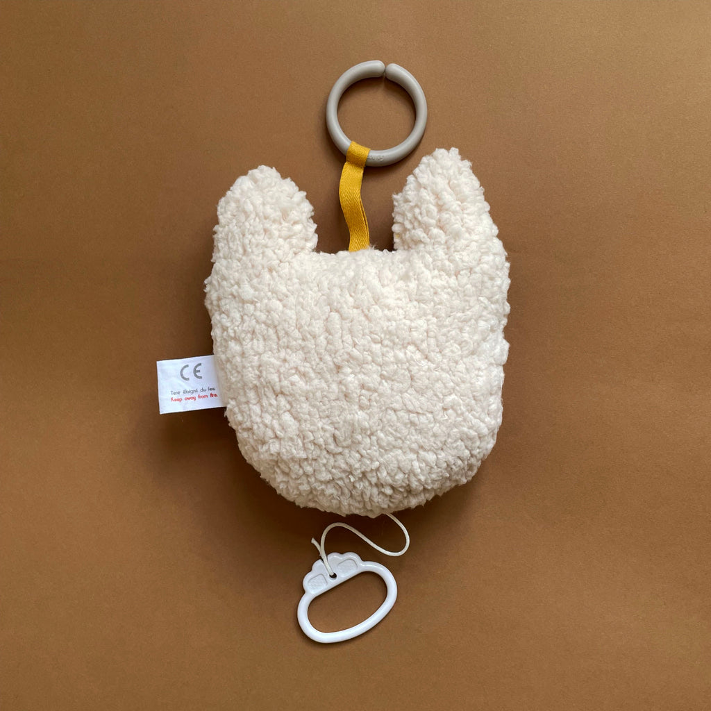 dos du mini coussin musical tête de chat tigré camel et beige et dos teddy tout doux beige jouet pour bébé Carotte & Cie