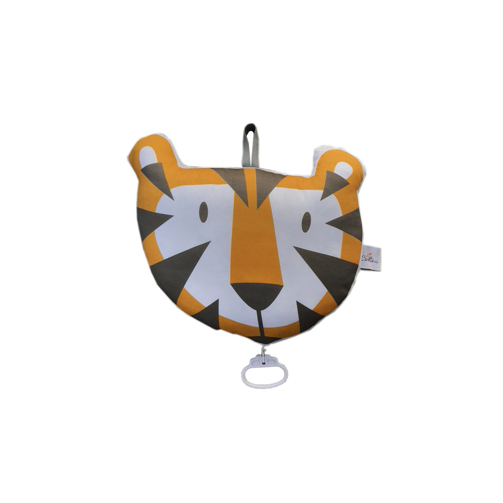 coussin musical illustré motif exclusif tête de tigre orange et marron Carotte & Cie