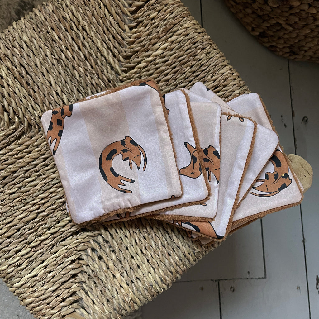 lot de 10 lingettes lavables motif exclusif Carotte & Cie chien teckel chocolat rayures beige