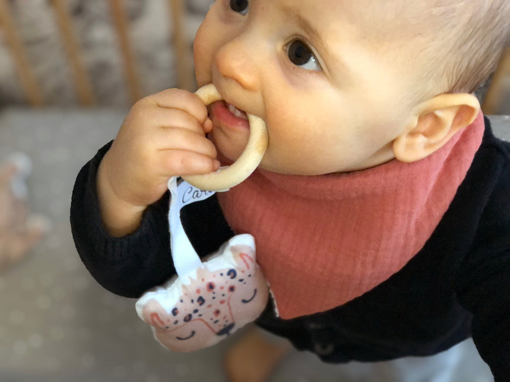 bébé porte un mini bavoir à dent bandana en double gaze de coton marsala Carotte & Cie