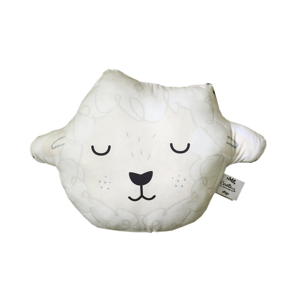 coussin illustré motif exclusif tête de mouton blanc, beige et bleu Carotte & Cie