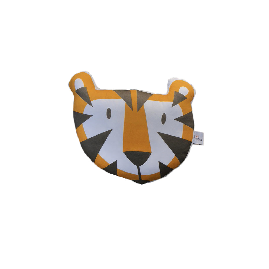 coussin illustré motif exclusif tête de tigre orange et marron Carotte & Cie